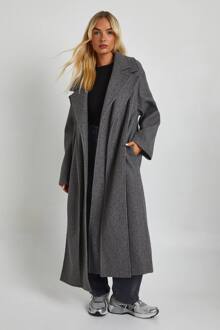 Kraagdetail Dubbelrijzende Wollen Maxi-Mantel, Grey - 36