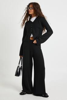 Kraagdetail Met Knoopsluiting Gebreide Cardigan En Rechte Pijpenbroek Co-Ord, Black - XL
