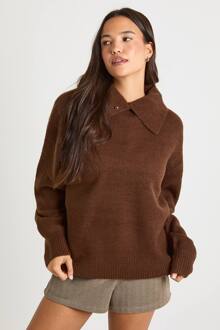 Kraagdetail Zacht Gebreid Oversized Gebreide Trui, Chocolate - M