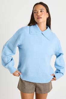 Kraagdetail Zachte Tricot Oversized Gebreide Trui, Baby Blue - M