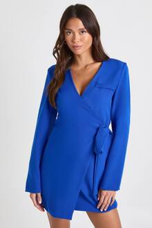 Kraagloze Blazerjurk Met Strik Aan De Zijkant, Cobalt - 36