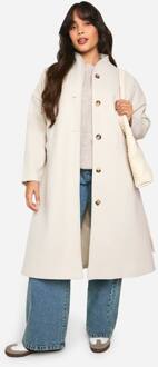 Kraagloze Wollen Look Mantel Met Ceintuur, Stone - 40