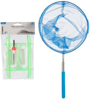 Krabhengel / vishengel voor krabbetjes - draad met klem - met uitschuifbaar schepnetje blauw