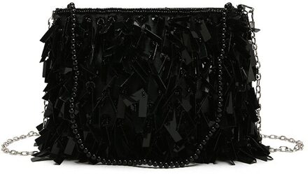 Kralen Kettingen Schoudertas Vrouwen Lovertjes Clutch Purse Kleine Zilveren Flap Bag Vrouwelijke Mode Kwastje Tassen Feestavond Handtassen zwart