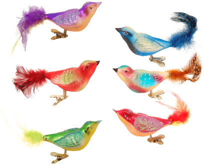 Krebs kerstboom vogels op clip - 6x - gekleurd - glas - 11 cm - Kersthangers Multikleur