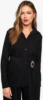 Kreukelend Crepe-Overhemd Met Gouden Rand En Ceintuur, Black - 36