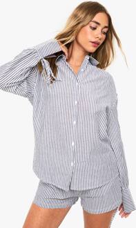 Kreukelige Gestreept Overhemd Met Stropmanschetten En Bijpassende Shortset, Navy - 44