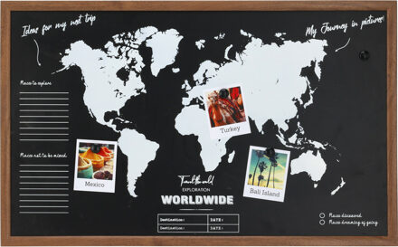 Krijtbord/memobord wereldkaart - mdf - ophangoog - 78 x 48 x 15 cm - reizen - wereldreis Zwart
