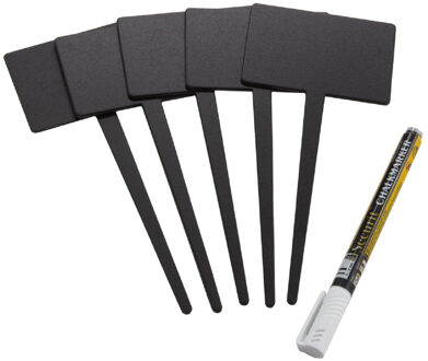 Krijtbordjes - 5x - op stokje - 18 cm - met stift - rechthoekig - schrijfbordjes prikkers Zwart