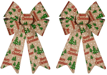 Krist+ 2x stuks kerstboomversieringen grote ornament strikjes/strikken creme/rood print 22 x 38 cm - Kersthangers Crème