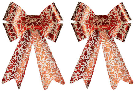 Krist+ 2x stuks kerstboomversieringen ornament strikjes/strikken rood/creme print 15 x 25 cm
