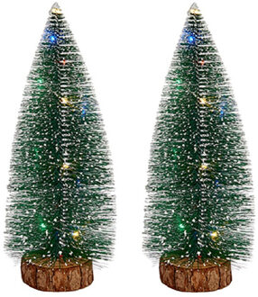 Krist+ 2x stuks kleine/mini decoratie kerstboompjes van 35 cm met gekleurde LED lichtjes