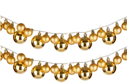 Krist+ 2x stuks verlichte kerst guirlandes/slingers met 93 LED kerstballen goud - Guirlandes Goudkleurig