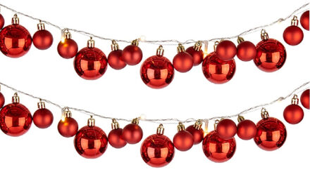 Krist+ 2x stuks verlichte kerst guirlandes/slingers met 93 LED kerstballen rood - Guirlandes