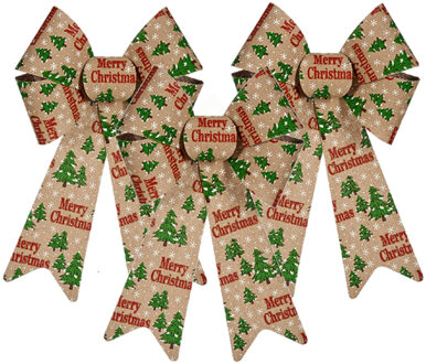 Krist+ 3x stuks kerstboomversieringen grote ornament strikjes/strikken creme/rood print 22 x 38 cm