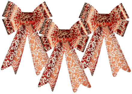 Krist+ 3x stuks kerstboomversieringen ornament strikjes/strikken rood/creme print 15 x 25 cm