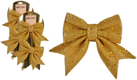 Krist+ 4x stuks kerstboomversieringen kleine ornament strikjes/strikken gouden glitters 14 x 12 cm