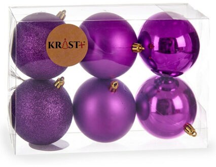 Krist+ 6x stuks kerstballen paars kunststof 8 cm glitter, glans, mat