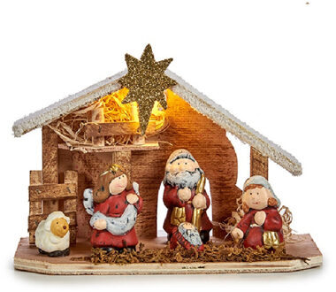 Krist+ Complete verlichte kerststal - met beeldjes - L22,5 x B8,5 x H18,5 cm - kerststal voor kinderen Bruin