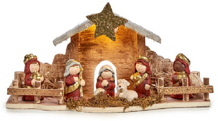 Krist+ Complete verlichte kerststal - met beeldjes - L33 x B6 x H16 cm - kerststal voor kinderen