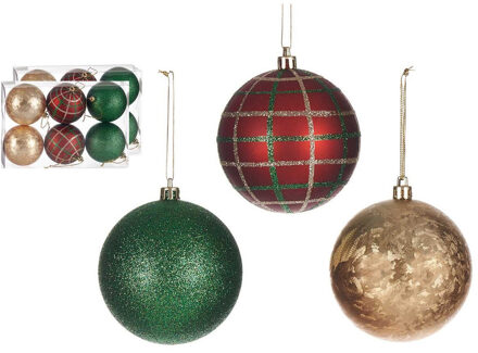 Krist+ Gedecoreerde kerstballen - 12x st - rood/groen/goud - kunststof - 8 cm
