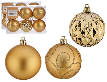 Krist+ Gedecoreerde kerstballen - 12x stuks - goud - kunststof - 6 cm