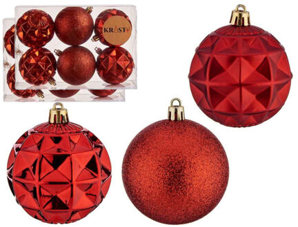 Krist+ Gedecoreerde kerstballen - 12x stuks - rood - kunststof - 7 cm