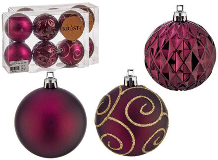 Krist+ Gedecoreerde kerstballen - 18x stuks - wijn rood - kunststof - 6 cm