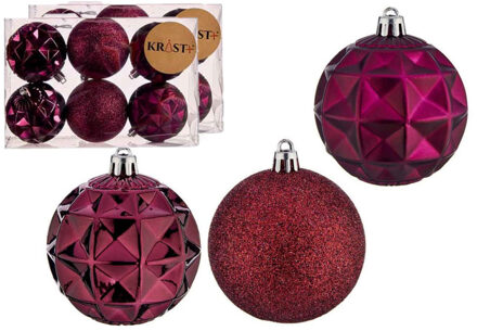 Krist+ Gedecoreerde kerstballen - 18x stuks - wijn rood - kunststof - 7 cm