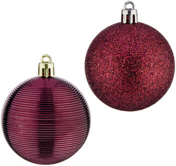 Krist+ Gedecoreerde kerstballen - 24x stuks - wijn/bordeaux rood - kunststof - 6 cm