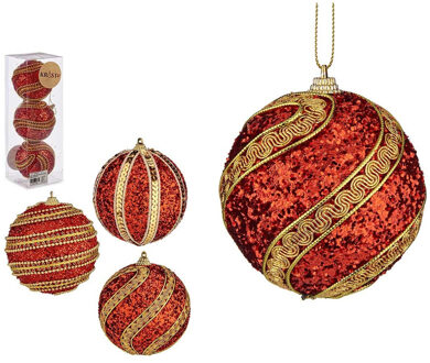 Krist+ Gedecoreerde kerstballen - 6x stuks - rood/goud - kunststof - 8 cm