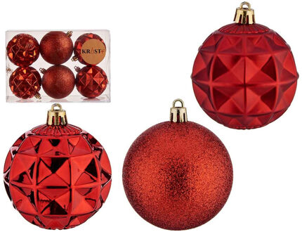 Krist+ Gedecoreerde kerstballen - 6x stuks - rood - kunststof - 7 cm - kerstversiering