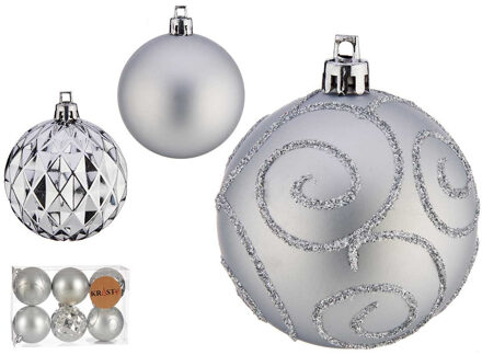Krist+ Gedecoreerde kerstballen - 6x stuks - zilver - kunststof - 6 cm