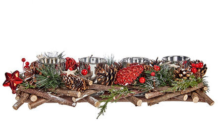 Krist+ Kerst+ Kerstukje - kaarshouder - red/green nature - 40 x 16 x 8 cm - Waxinelichtjeshouders Multikleur