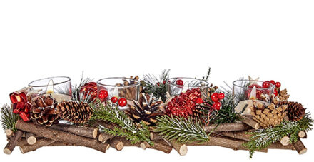 Krist+ Kerst thema kaarsenhouder ornament red/green nature 40 x 16 x 8 cm Multi