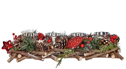 Krist+ Kerst thema kaarsenhouder zilver ornament red/green nature 40 x 16 x 8 cm Multi