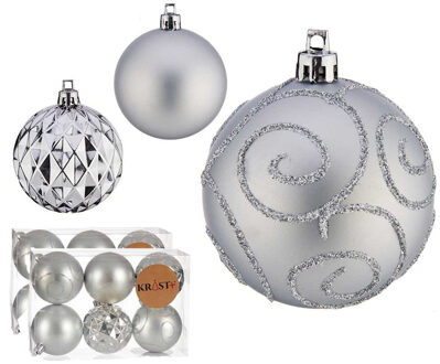 Krist+ kerstballen - 12x - 7 cm- zilver - kunststof - gedecoreerd - Kerstbal Zilverkleurig