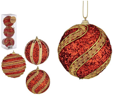 Krist+ kerstballen - 12x - rood/goud - kunststof - gedecoreerd -8 cm - Kerstbal