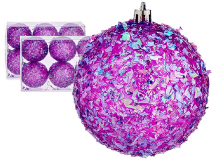 Krist+ Kerstballen - 12x stuks - paars glitter - kunststof - 8 cm