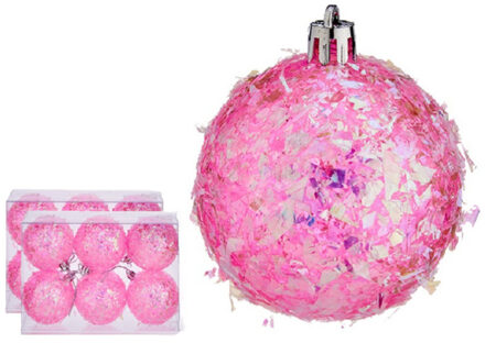 Krist+ Kerstballen - 12x stuks - roze glitter - kunststof - 6 cm
