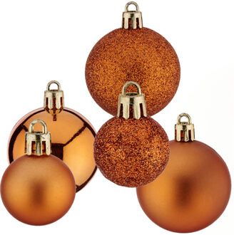 Krist+ Kerstballen - 24x st - oranje - 3 en 5 cm - kunststof - glitter/mat/glans