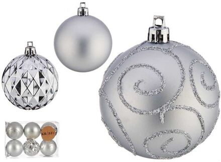 Krist+ kerstballen - 6x - 7 cm- zilver - kunststof - gedecoreerd - Kerstbal Zilverkleurig