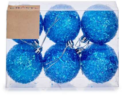Krist+ Kerstballen - 6x stuks - blauw glitter - kunststof - 6 cm