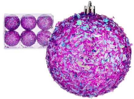 Krist+ Kerstballen - 6x stuks - paars glitter - kunststof - 8 cm
