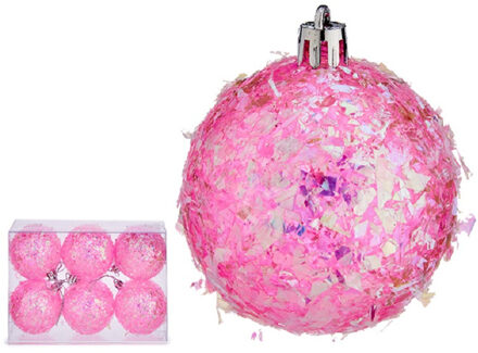 Krist+ kerstballen - 6x stuks - roze - kunststof - glitter - Kerstbal