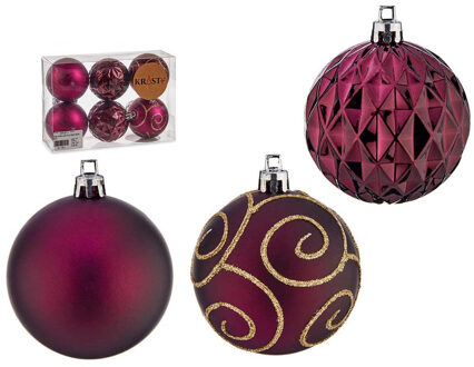 Krist+ kerstballen - 6x stuks - wijn rood - kunststof - gedecoreerd -6 cm - Kerstbal