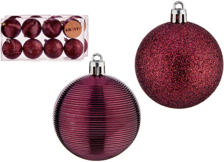 Krist+ kerstballen - 8x stuks - wijn/bordeaux rood - kunststof - gedecoreerd -6 cm - Kerstbal