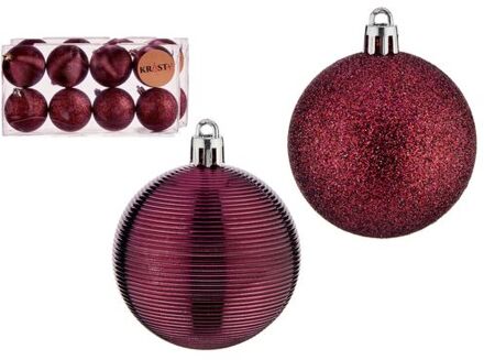 Krist+ kerstballen - 8x stuks - wijn/bordeaux rood - kunststof - gedecoreerd -6 cm - Kerstbal