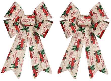Krist+ Kerstboomversiering strik - 2x stuks - creme/rood print - 15 x 25 cm