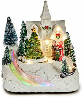 Krist+ Kerstdorp kerst tafereel - kerk - met draaiende kerstboom - met led licht en muziek -16 cm